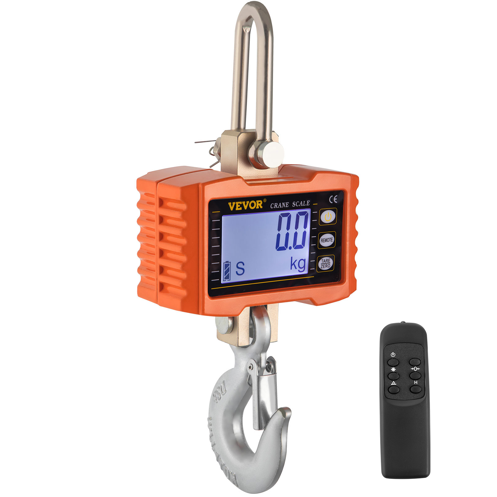 orange VEVOR crane scale with digital display and remote control.