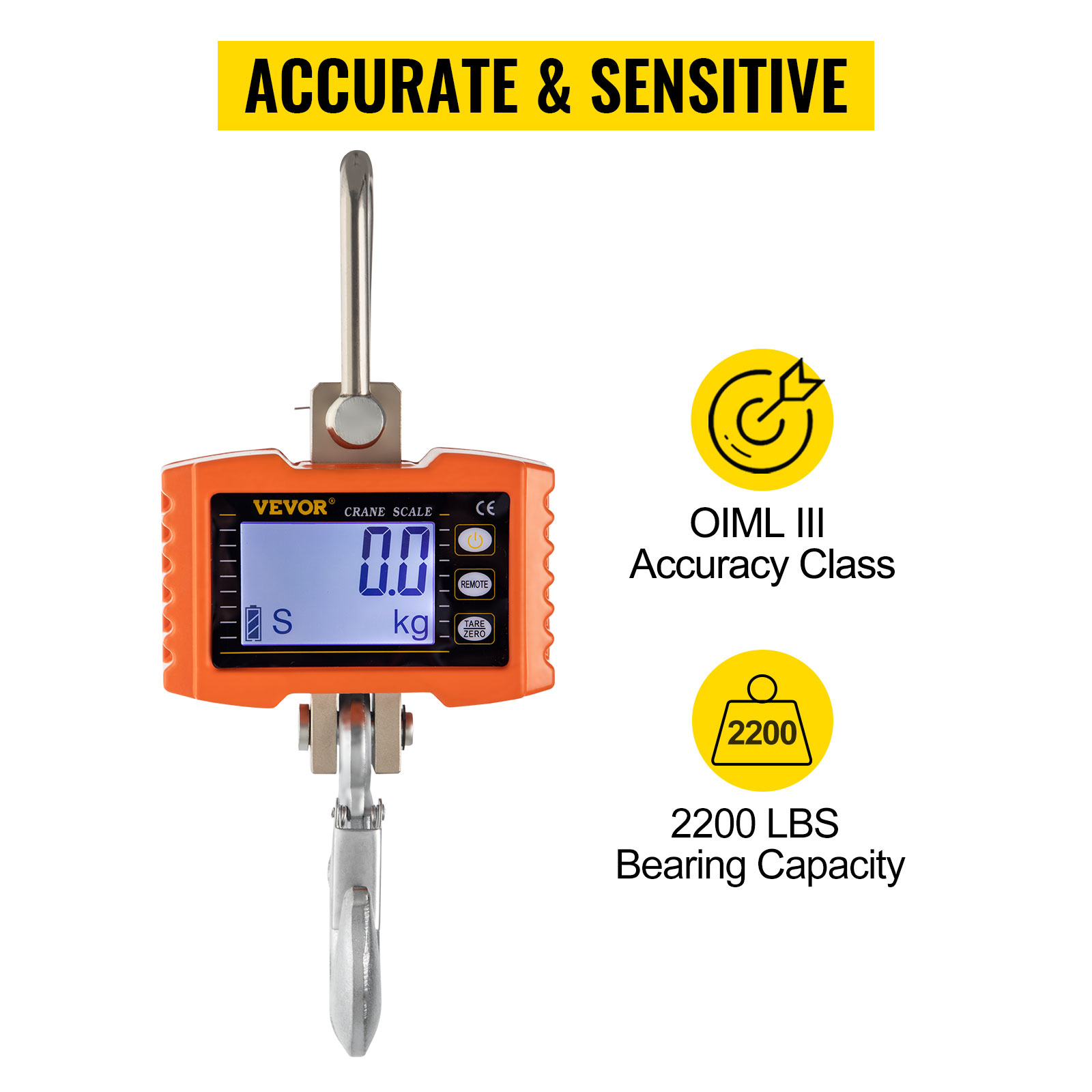 VEVOR crane scale: accurate & sensitive, oiml iii accuracy, 2200 lbs capacity.
