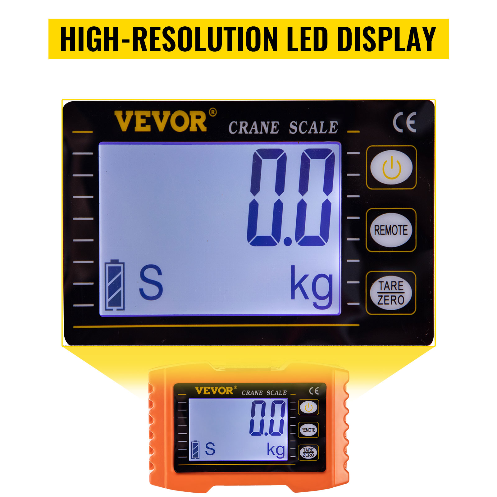 VEVOR crane scale with high-resolution led display, zero reset, and remote functions.