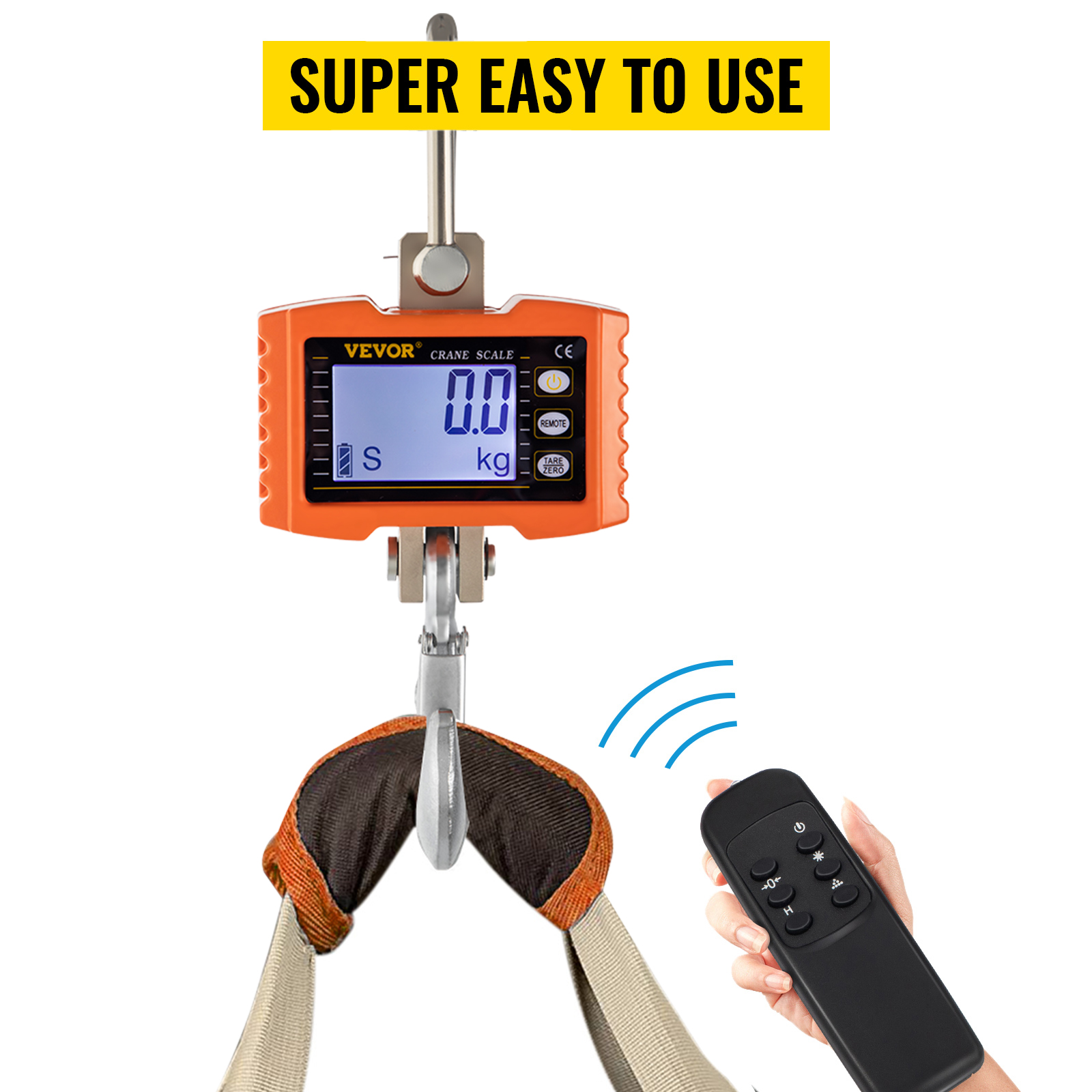 VEVOR crane scale with remote and hook displaying 0.0 kg. super easy to use.