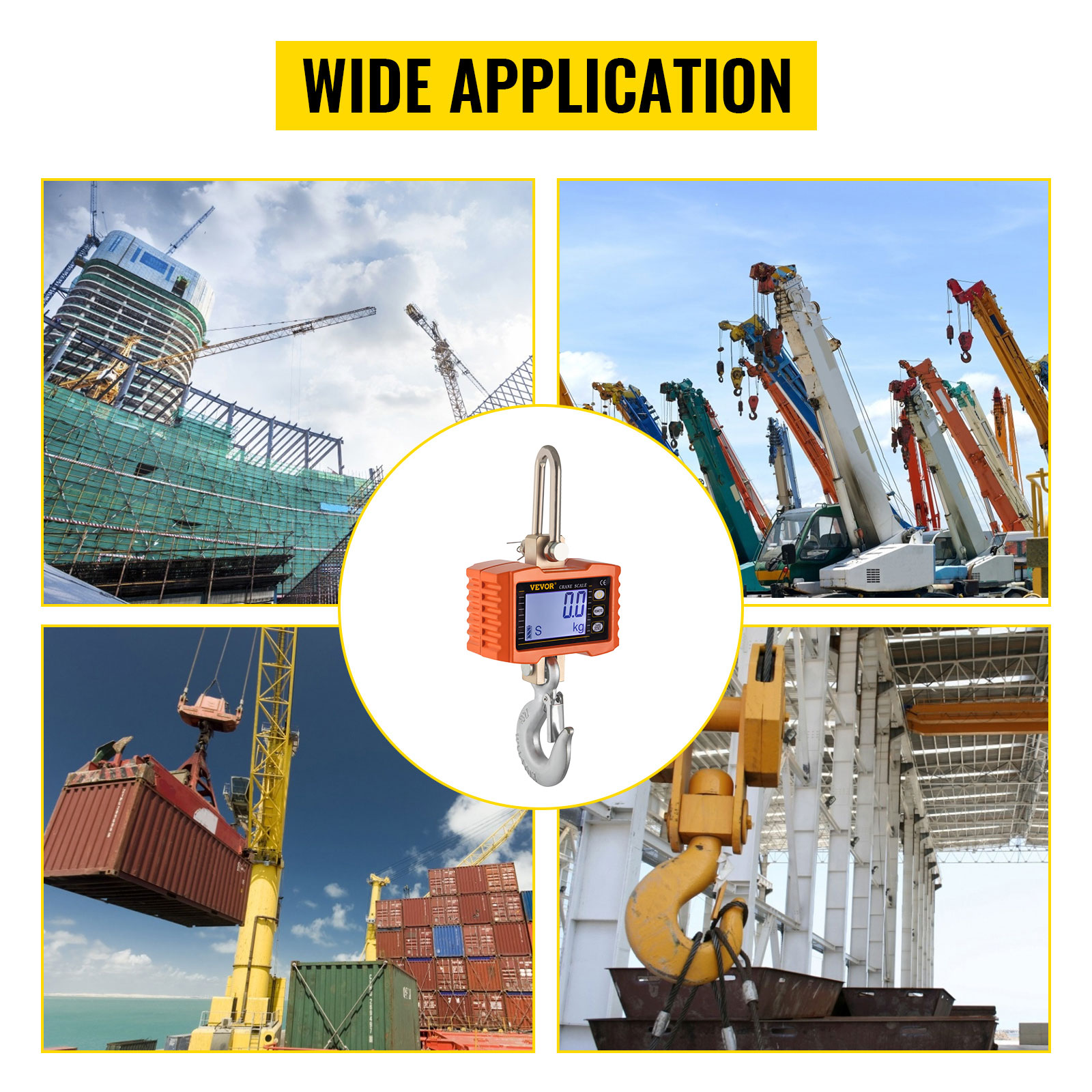 VEVOR crane scale with digital display in construction and industrial settings.