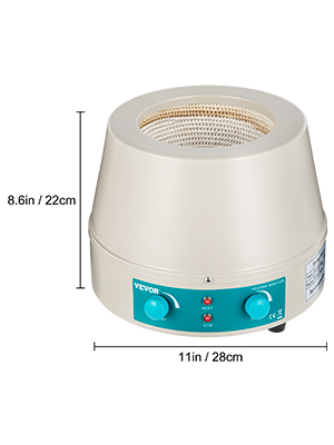 VEVOR heating mantle 1000ml, dimensions 8.6in/22cm height, 11in/28cm width.