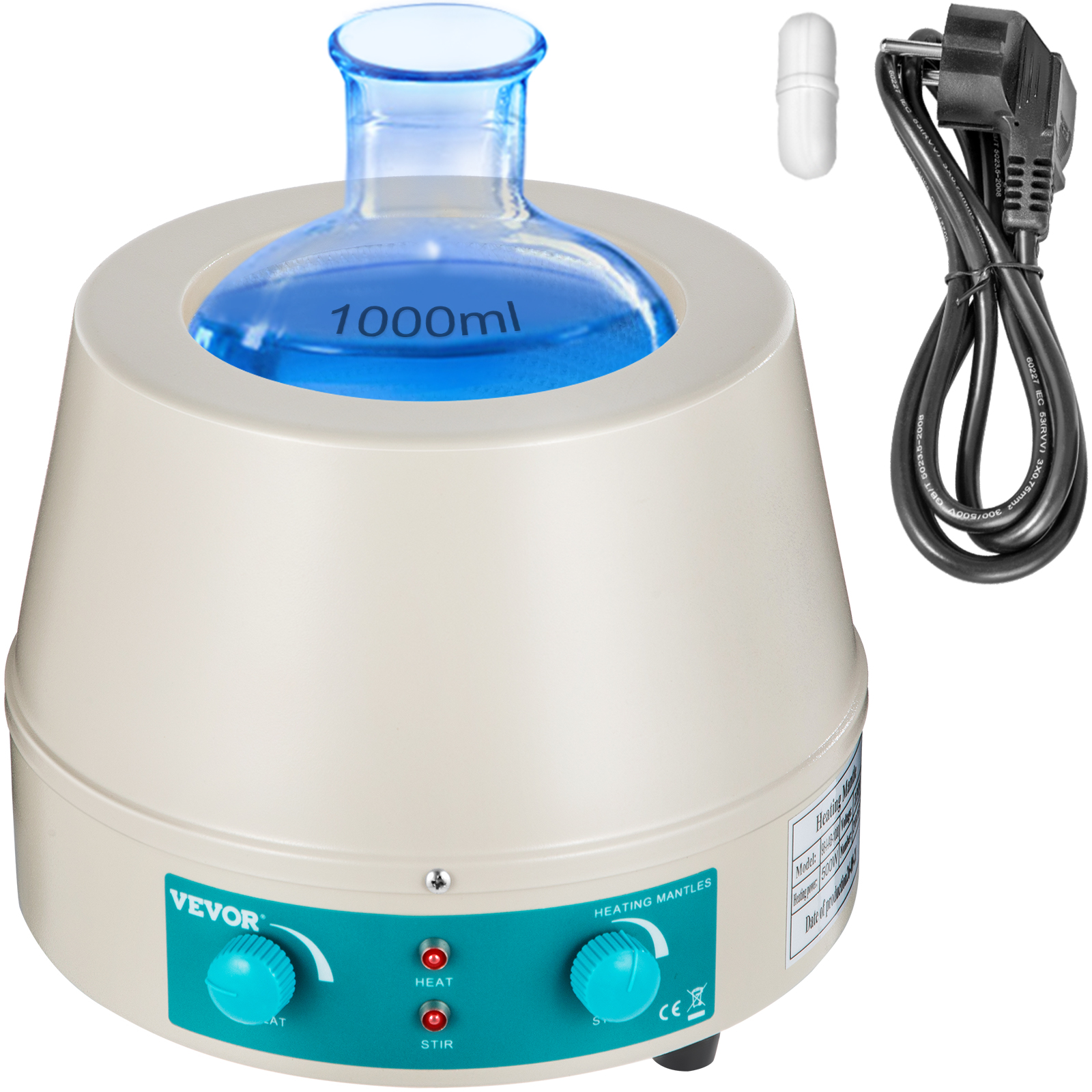 VEVOR heating mantle 1000ml with power cord and stirring bar.