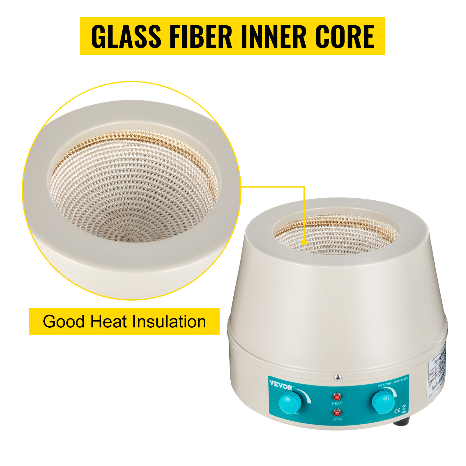 VEVOR heating mantle 1000ml with glass fiber inner core for good heat insulation.