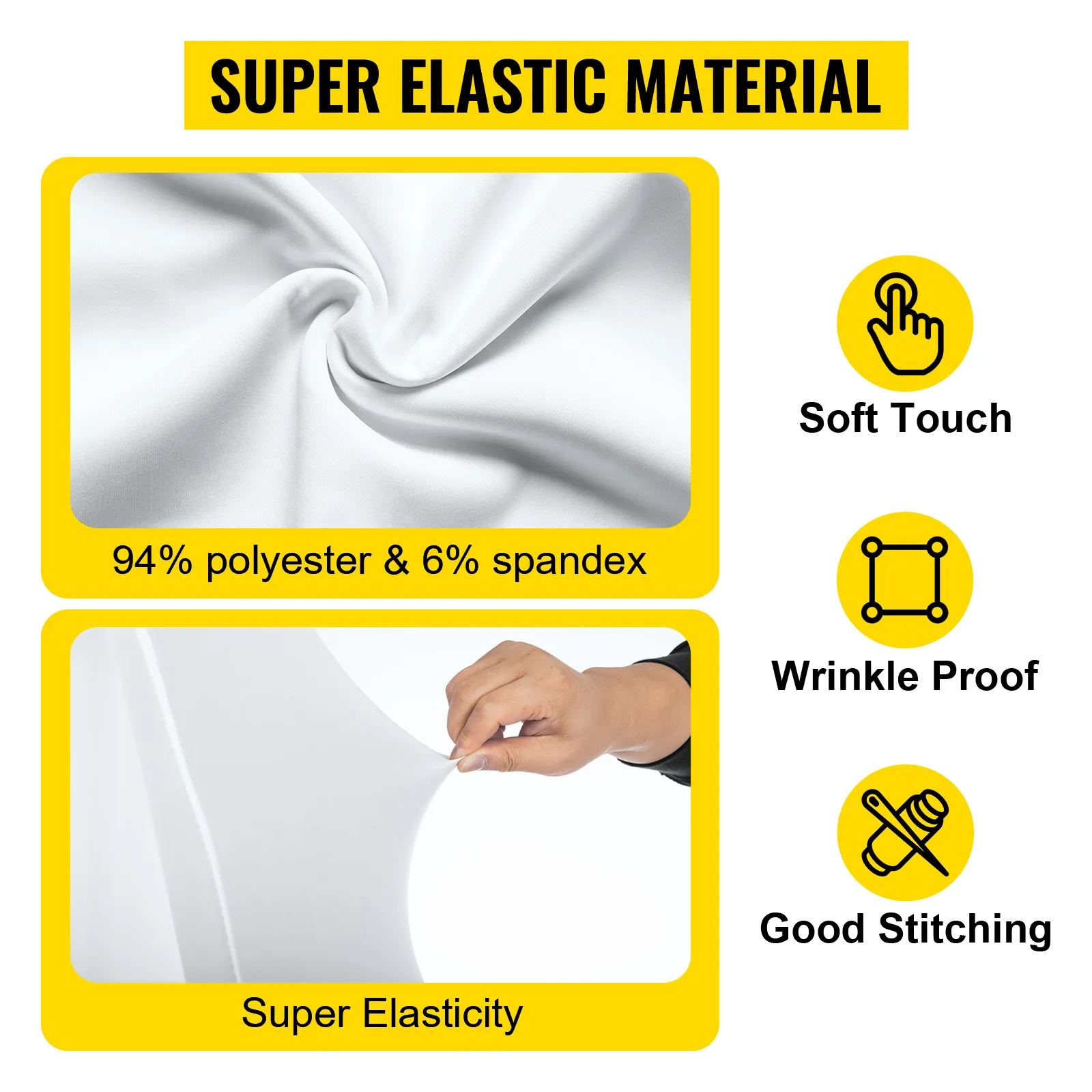 super elastic VEVOR chair covers in 94% polyester & 6% spandex, soft touch, wrinkle proof.