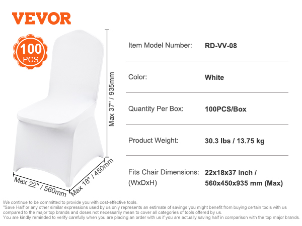 VEVOR chair covers, white, 100 pcs, fits 22x18x37 inch chairs, 30.3 lbs.