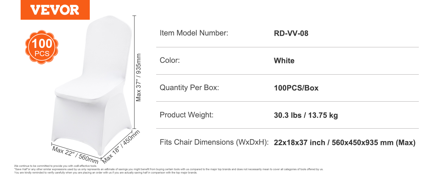 VEVOR chair covers, white, 100 pcs, fits 22x18x37 inch chairs, 30.3 lbs.