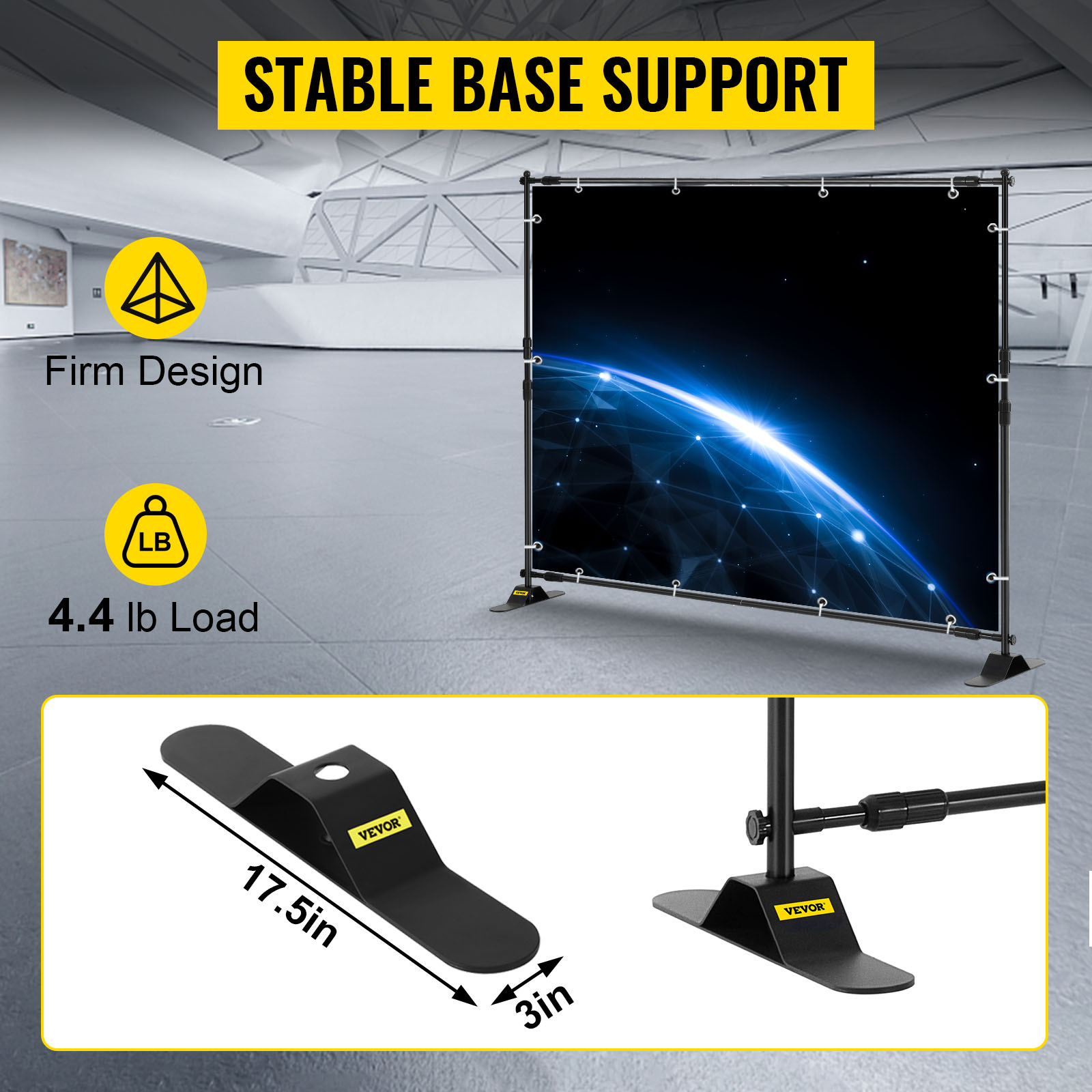 VEVOR backdrop banner stand with stable base support, firm design, and 4.4 lb load capacity.