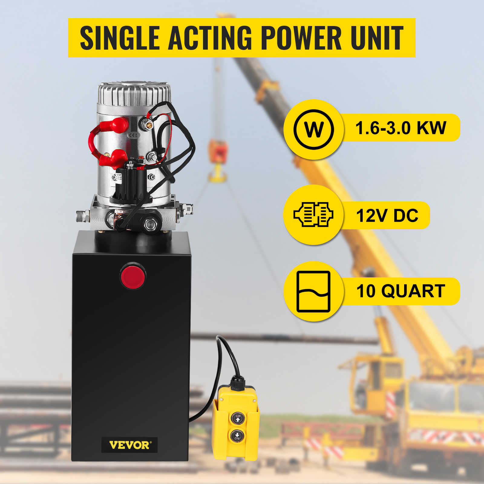 VEVOR hidrauliskais sūknis ar 1,6-3,0 kw, 12 V līdzstrāvas, 10 kvartu jaudu un celtnis fonā.
