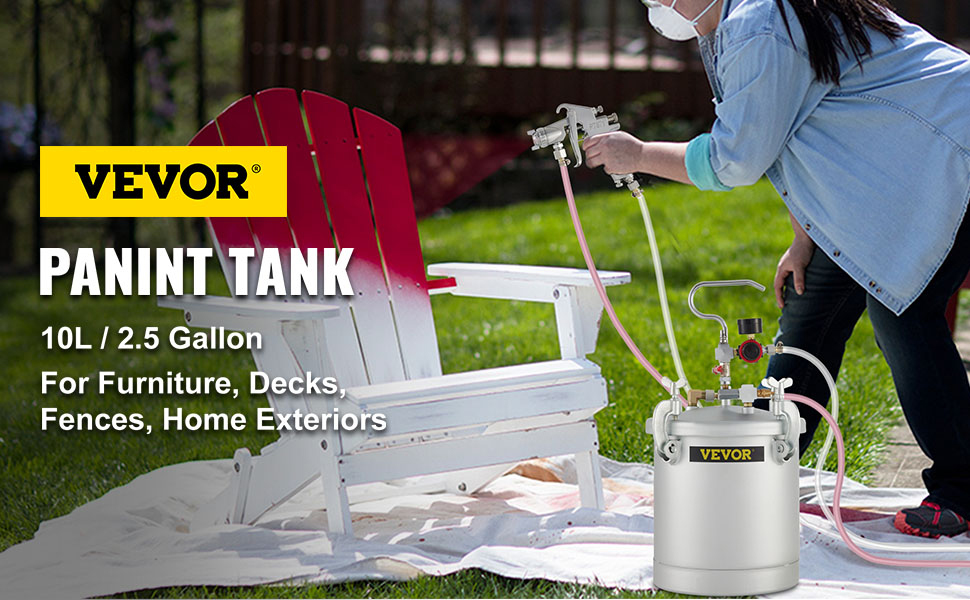 person using VEVOR paint tank to spray white-red chair in outdoor garden.