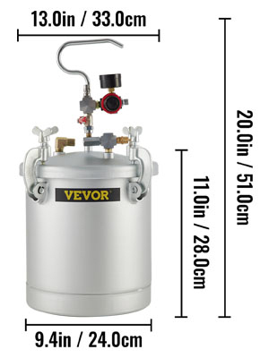 VEVOR paint tank dimensions: 20in height, 13in width, 9.4in diameter.