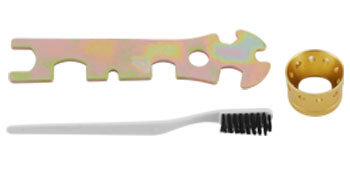 metal tool, white brush, and gold circular component for VEVOR paint tank.