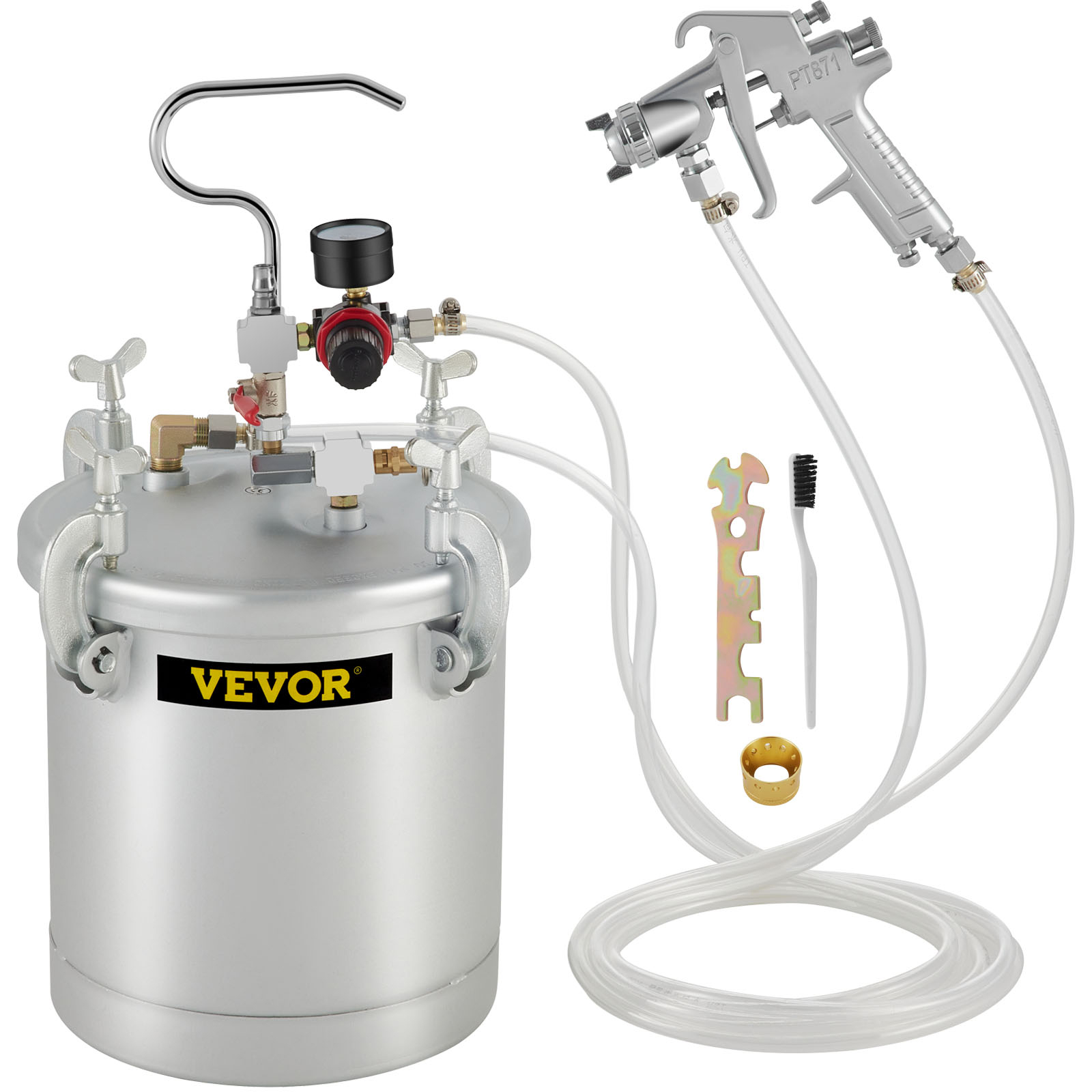 VEVOR paint tank with spray gun, hoses, gauge, and accessories.