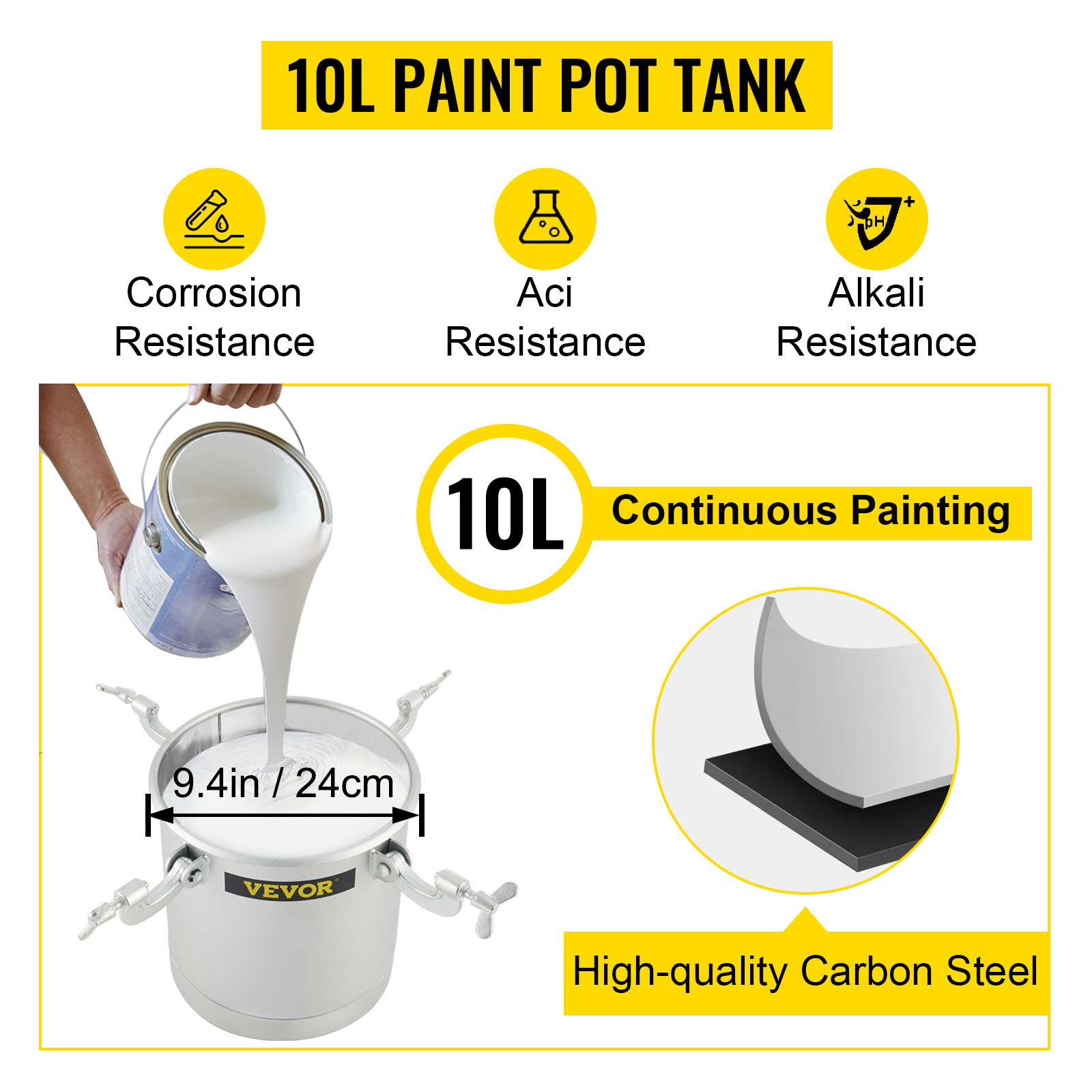 10l VEVOR paint tank with corrosion, acid, and alkali resistance, made of carbon steel.
