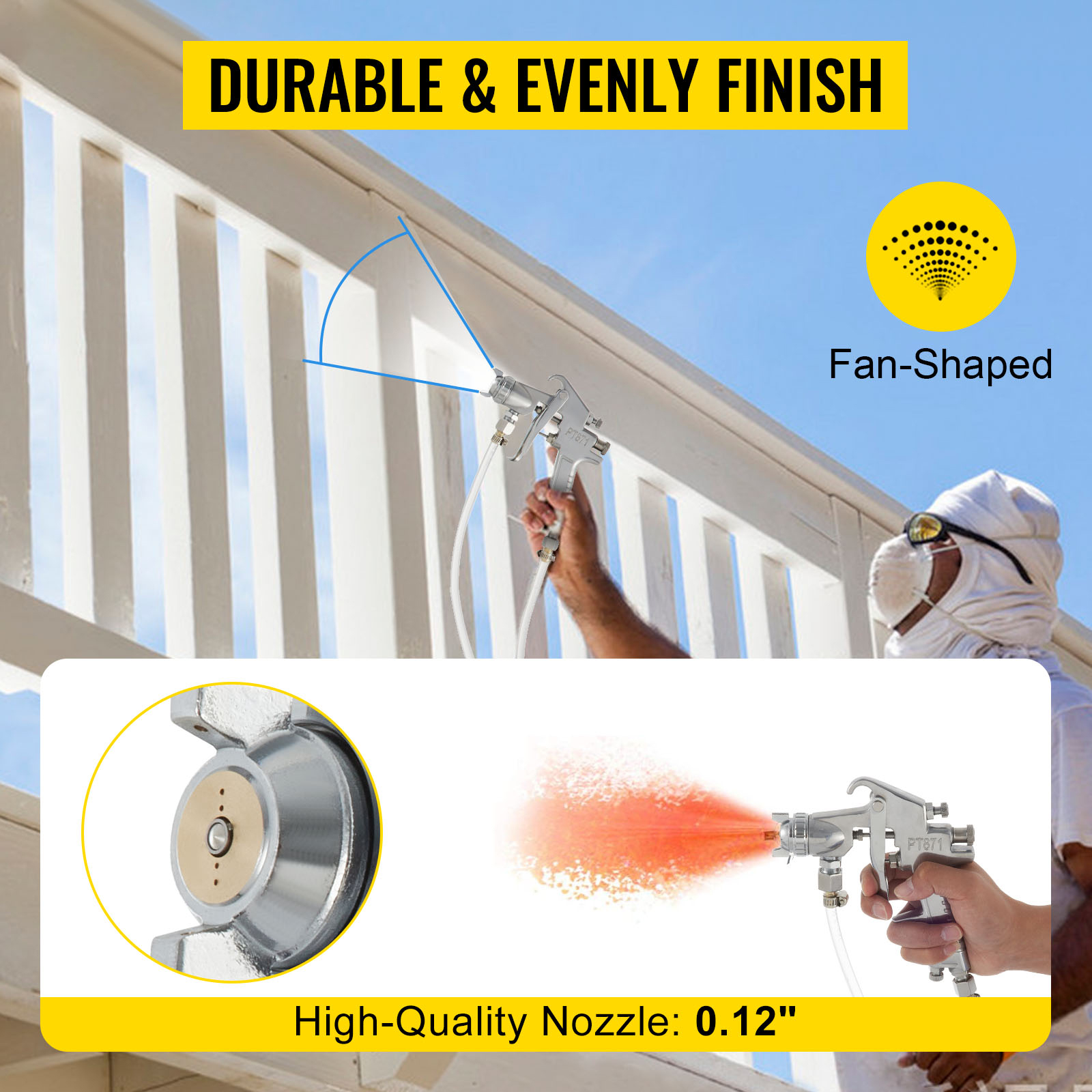 painter using VEVOR paint tank with fan-shaped spray nozzle for a smooth finish.