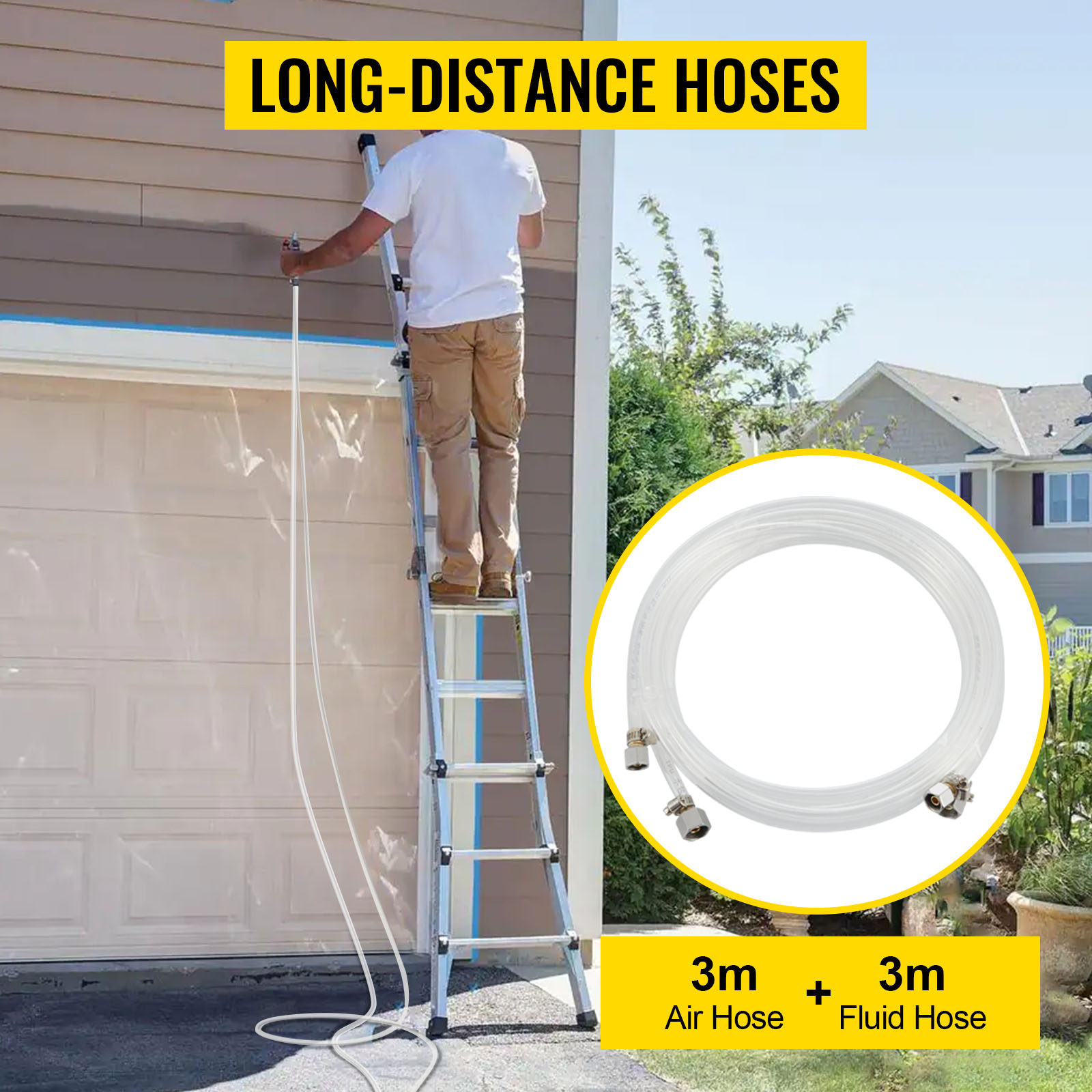person using VEVOR paint tank long-distance hoses while standing on a ladder.
