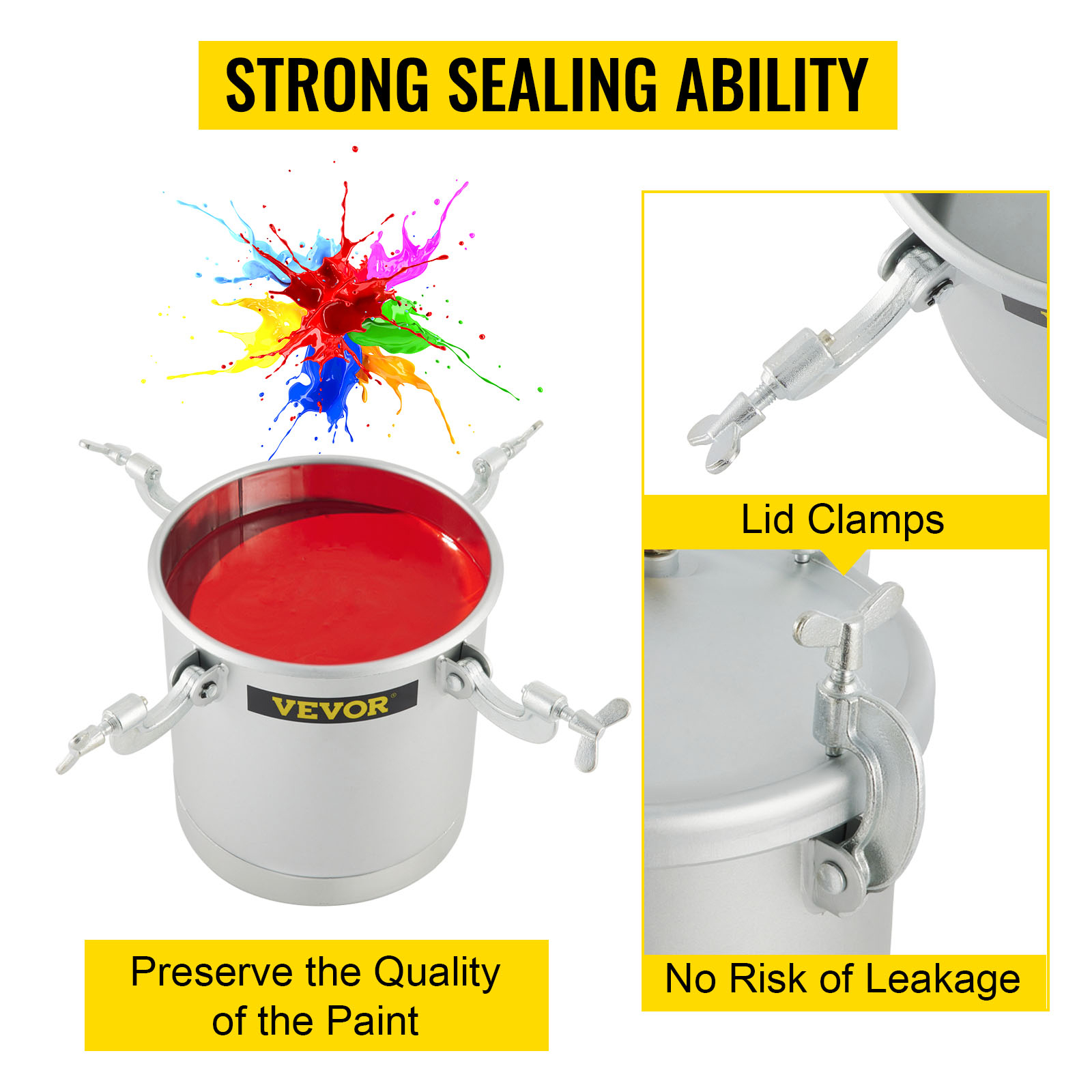 VEVOR paint tank with lid clamps ensures no risk of leakage, preserving paint quality.