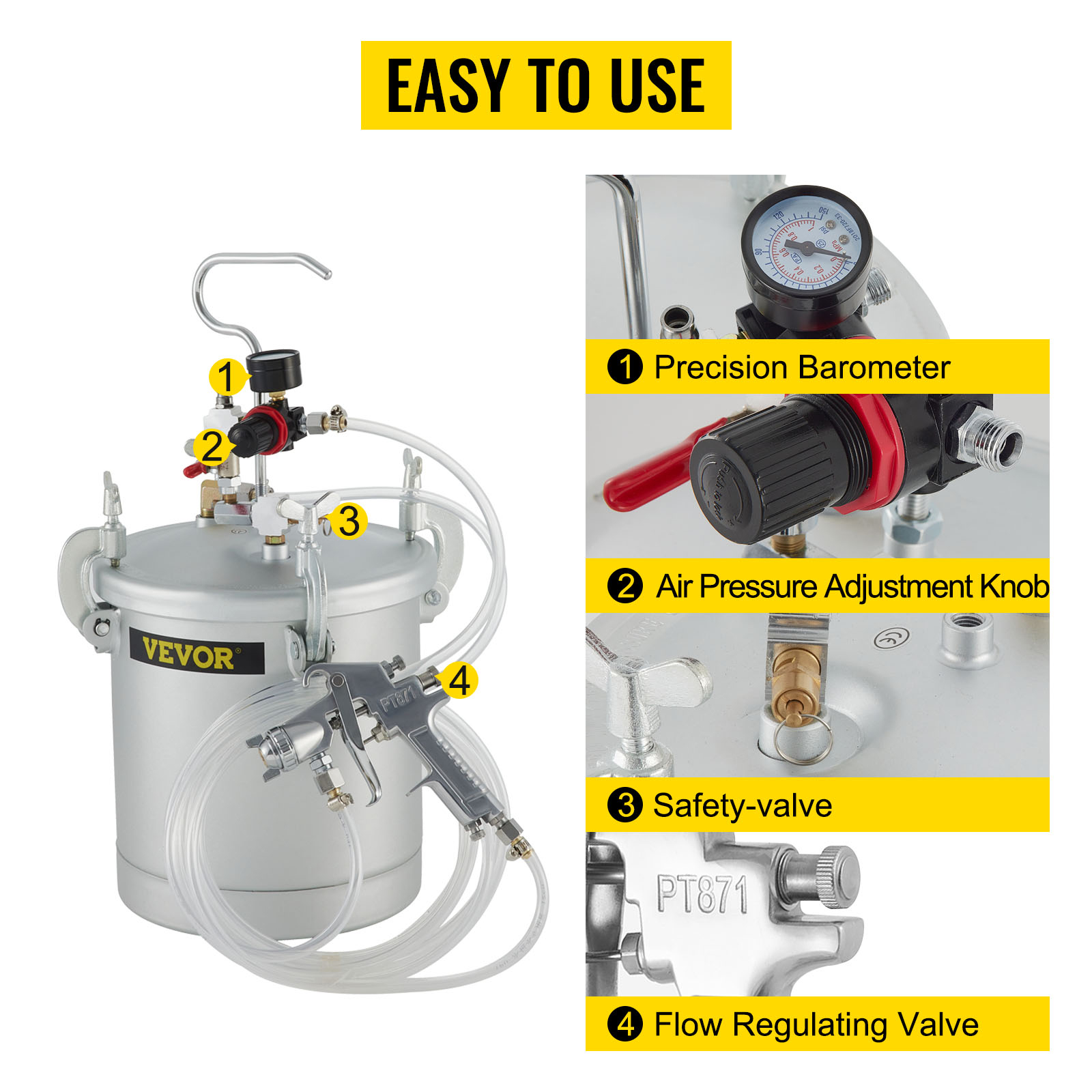 VEVOR paint tank with precision barometer, air pressure adjustment, safety valve.