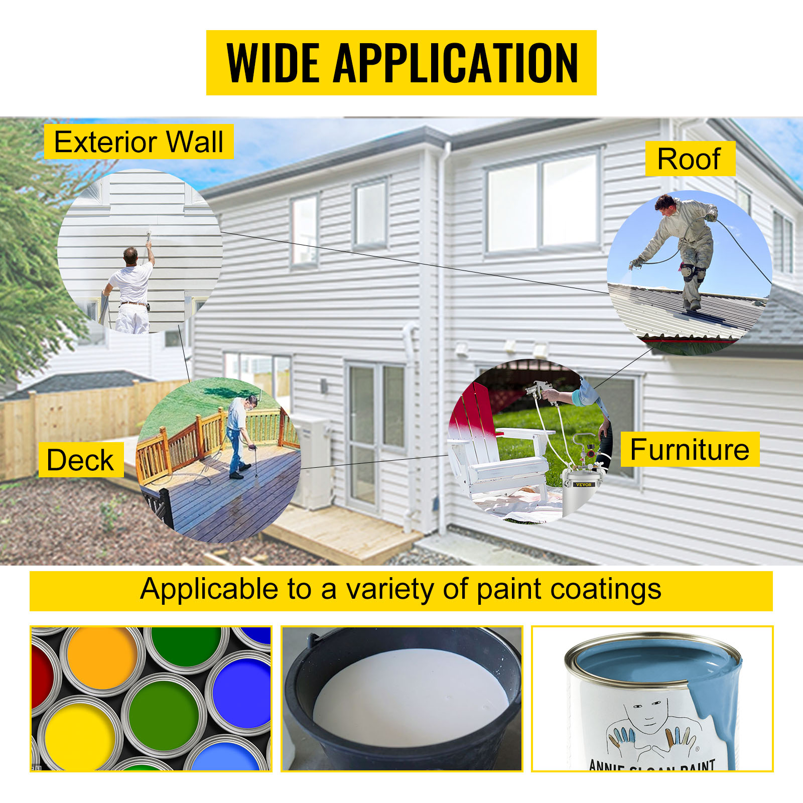 VEVOR paint tank: wide application for exterior walls, roofs, decks, and furniture.