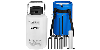 VEVOR liquid nitrogen container with carrying bag and six cryogenic canisters.