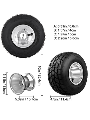 VEVOR go kart tires with measurement details and close-up views of tread and rims.