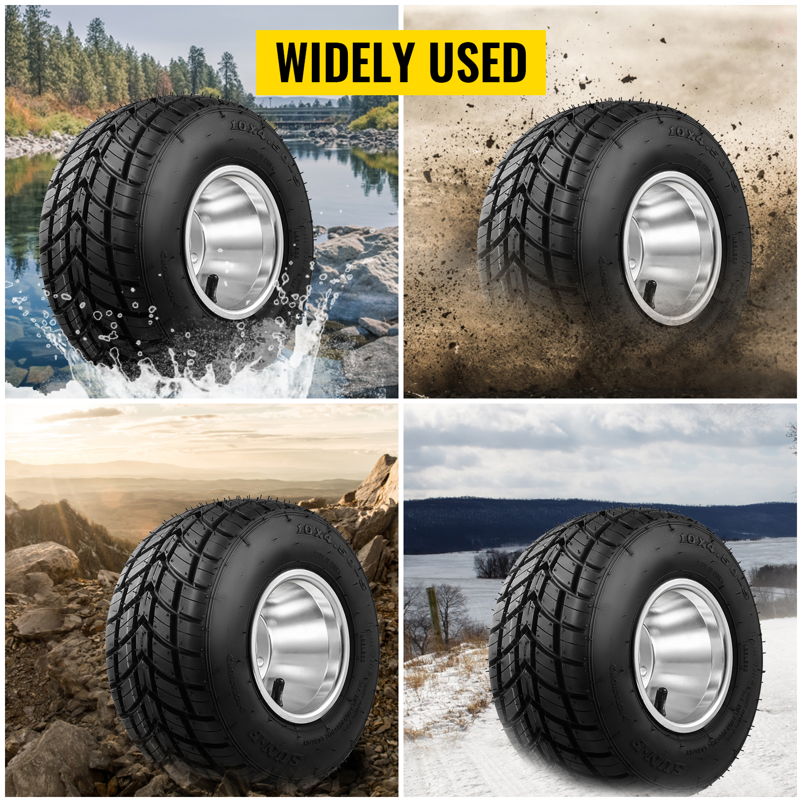 VEVOR go kart tires for all terrains: wet, mud, rocks, and snow; widely used.