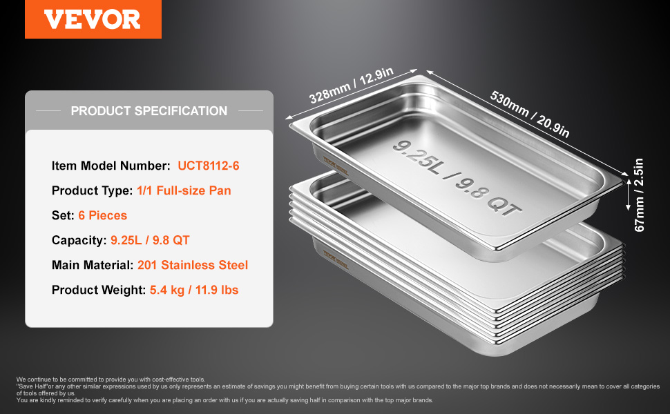 VEVOR hotel pans, 6-piece set, 1/1 full-size, 201 stainless steel, 9.25l/9.8 qt capacity, model uct8112-6.