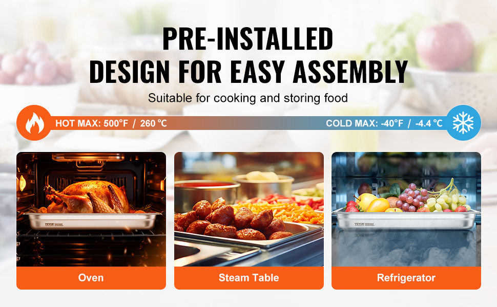pre-installed VEVOR hotel pans in an oven, steam table, and refrigerator for cooking and storing food.