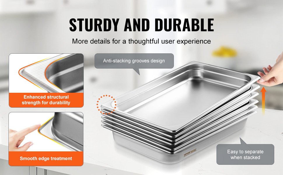 VEVOR hotel pans stacked, highlighting anti-stacking grooves, durability, and smooth edge treatment.