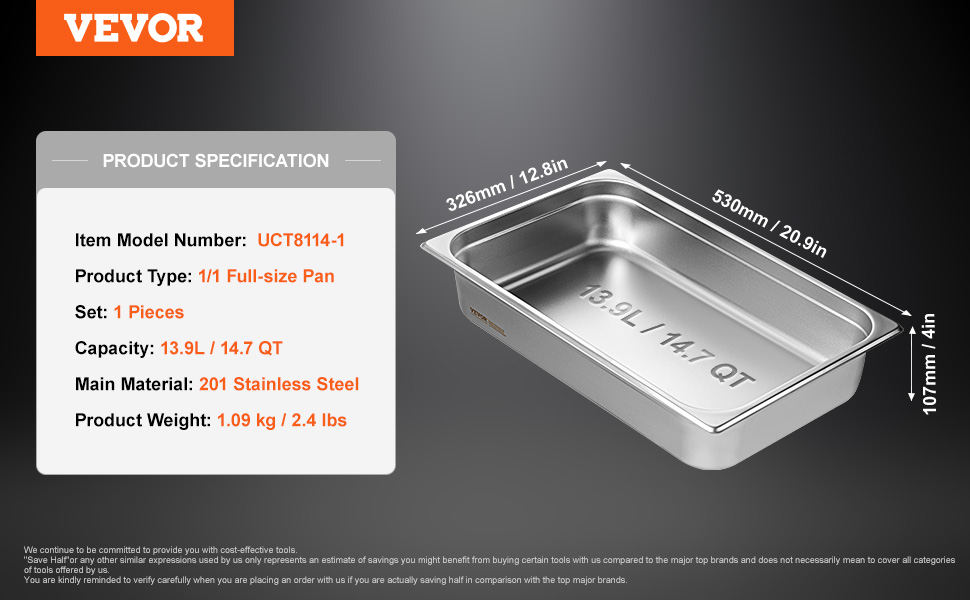 VEVOR hotel pan 1/1 full-size 14.7qt stainless steel, 20.9in x 12.8in dimensions, model uct8114-1.