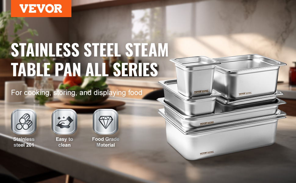 VEVOR hotel pan, stainless steel steam table pans, food-grade, easy to clean, various sizes, kitchen counter.