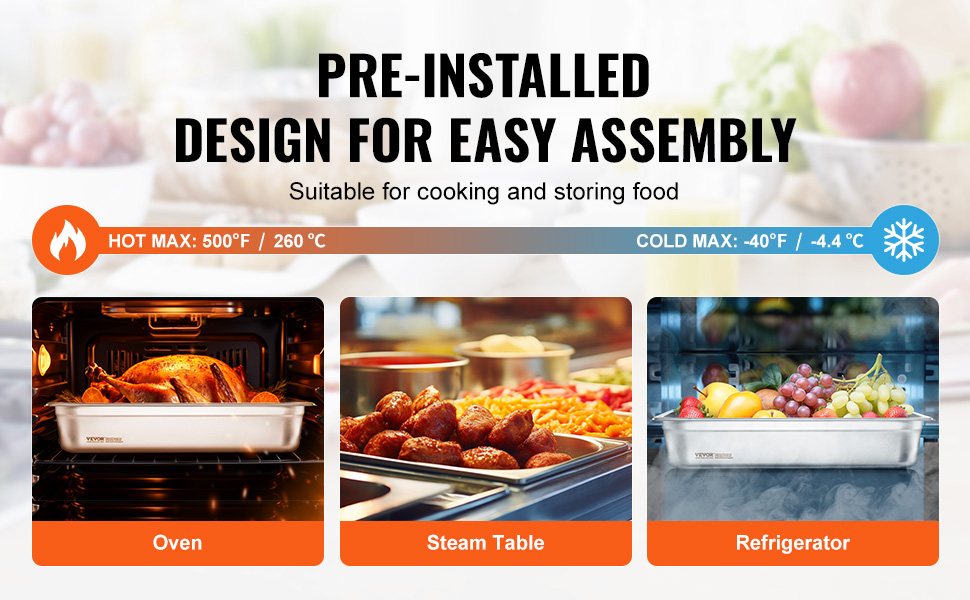 VEVOR hotel pan in oven, steam table, and refrigerator, handles temperatures -40°f to 500°f.