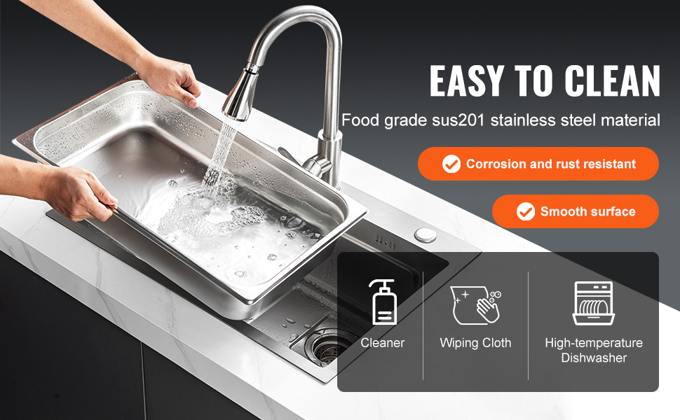 VEVOR hotel pan being washed under a faucet in a stainless steel sink, showcasing easy cleaning features.