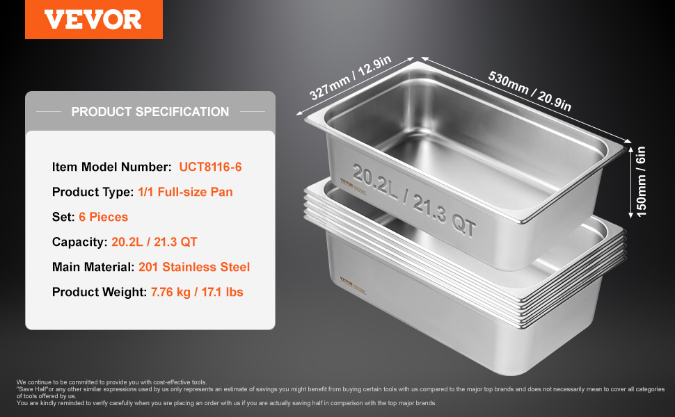 stack of six full-size 201 stainless steel VEVOR hotel pans, 20.2l/21.3qt capacity, 530x327x150mm.
