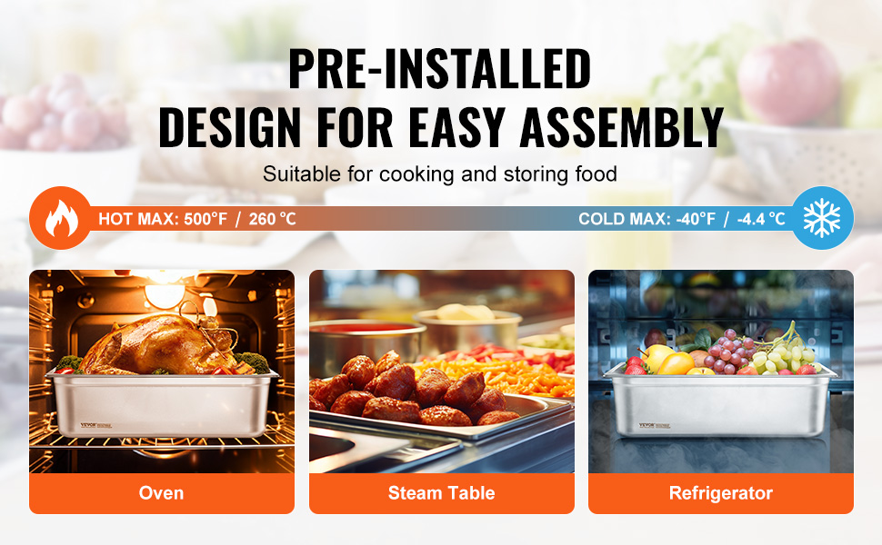 VEVOR hotel pans in oven, steam table, and refrigerator, suitable for cooking and storing food.