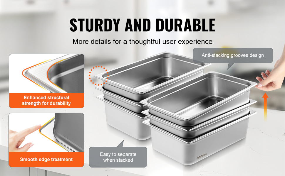 sturdy and durable VEVOR hotel pans featuring smooth edges, anti-stacking grooves, and high durability.