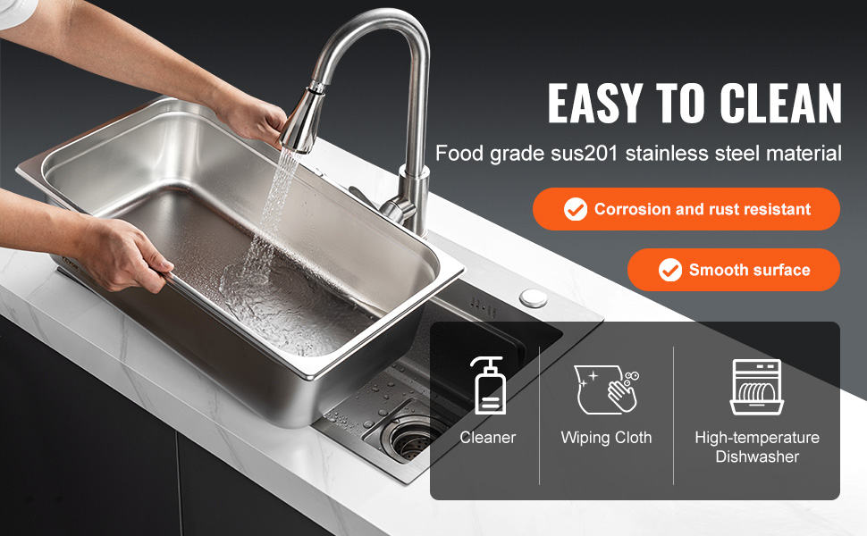 stainless steel VEVOR hotel pan under a running faucet, highlighting ease of cleaning and corrosion resistance.