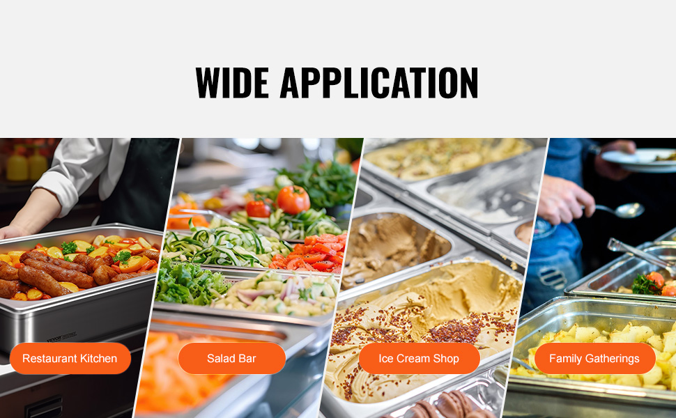 VEVOR hotel pans in restaurant kitchen, salad bar, ice cream shop, and family gatherings applications.