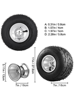 VEVOR go kart tires and rims with dimensions and close-up views shown.