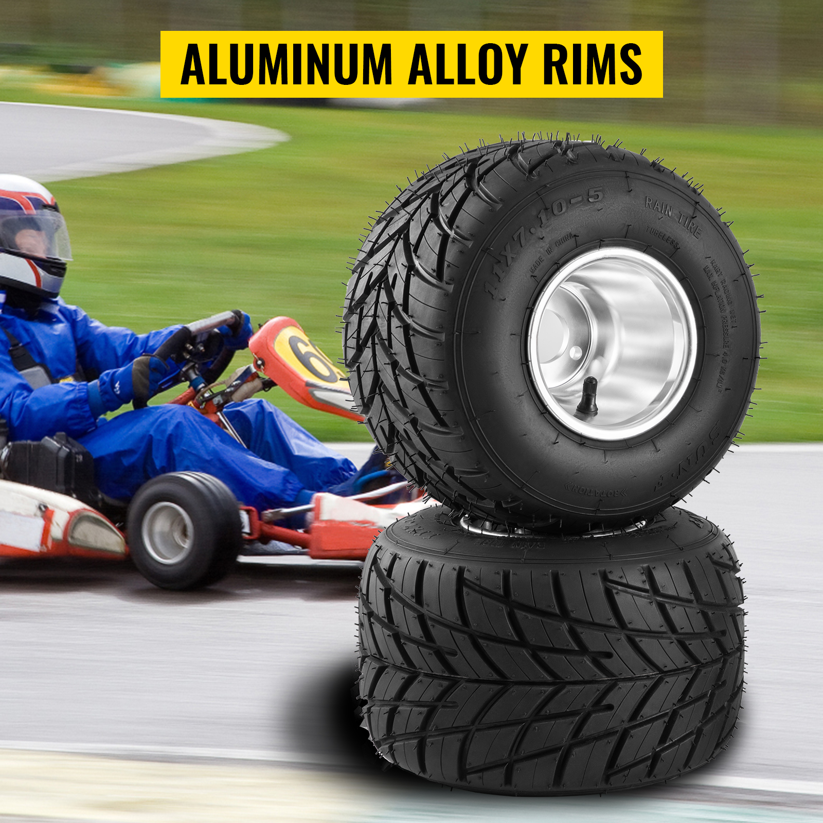 VEVOR go kart tires and rims with aluminum alloy rims beside a racing go-kart.