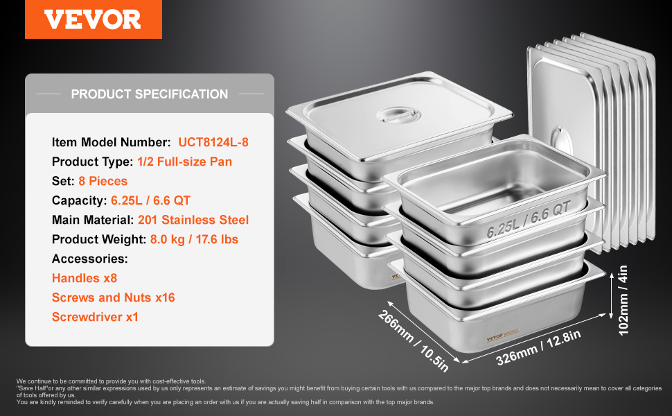 VEVOR hotel pans set with 8 stainless steel pans, lids, handles, screws, and screwdriver.