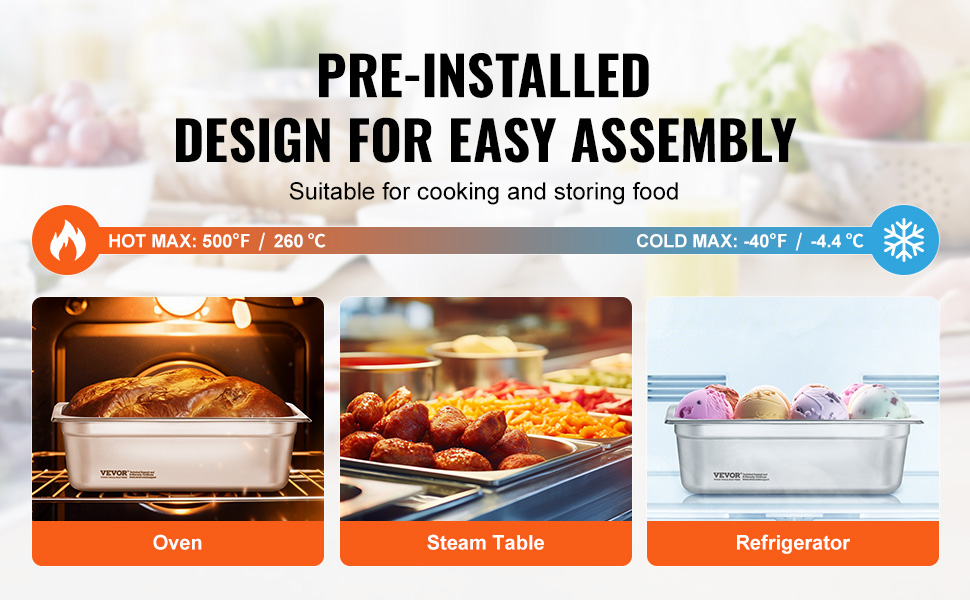 pre-installed VEVOR hotel pans for oven, steam table, and refrigerator. suitable for hot and cold food.