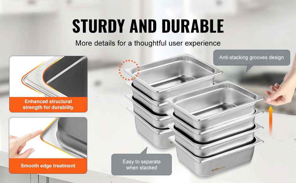 stacked VEVOR hotel pans with anti-stacking grooves and smooth edges, showcasing durability and easy separation.