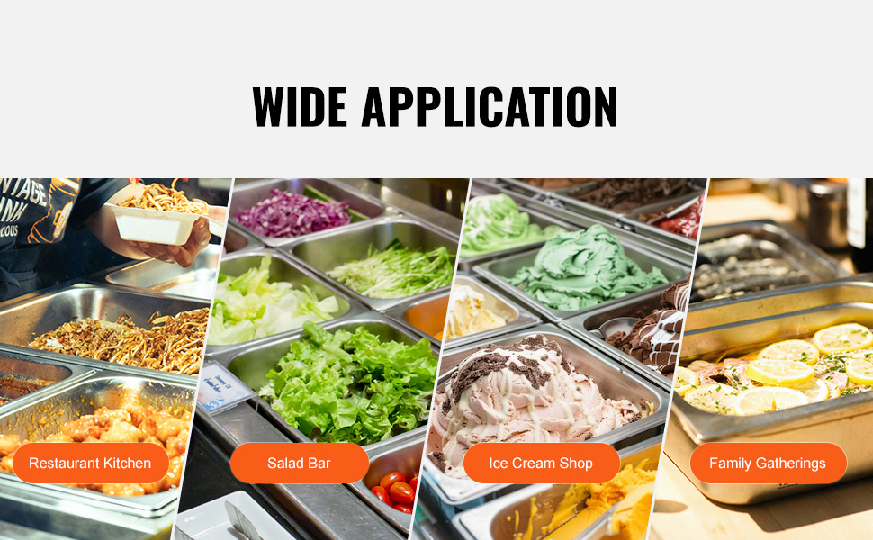 wide application of VEVOR hotel pans in restaurant kitchens, salad bars, ice cream shops, and family gatherings.
