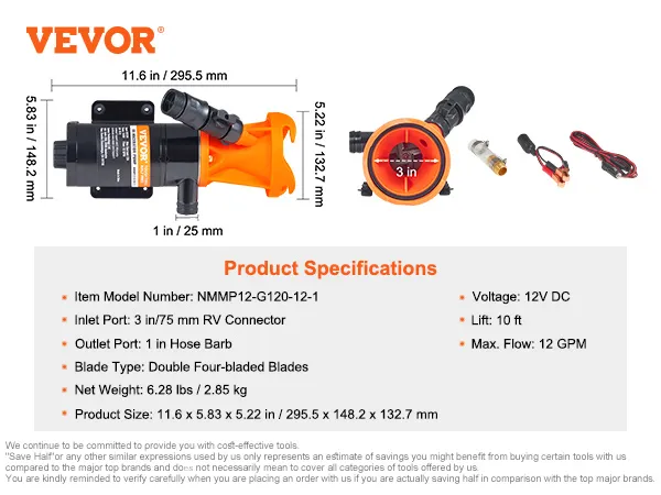 VEVOR rv macerator pump specifications with dimensions, weight, voltage, and flow rate displayed.