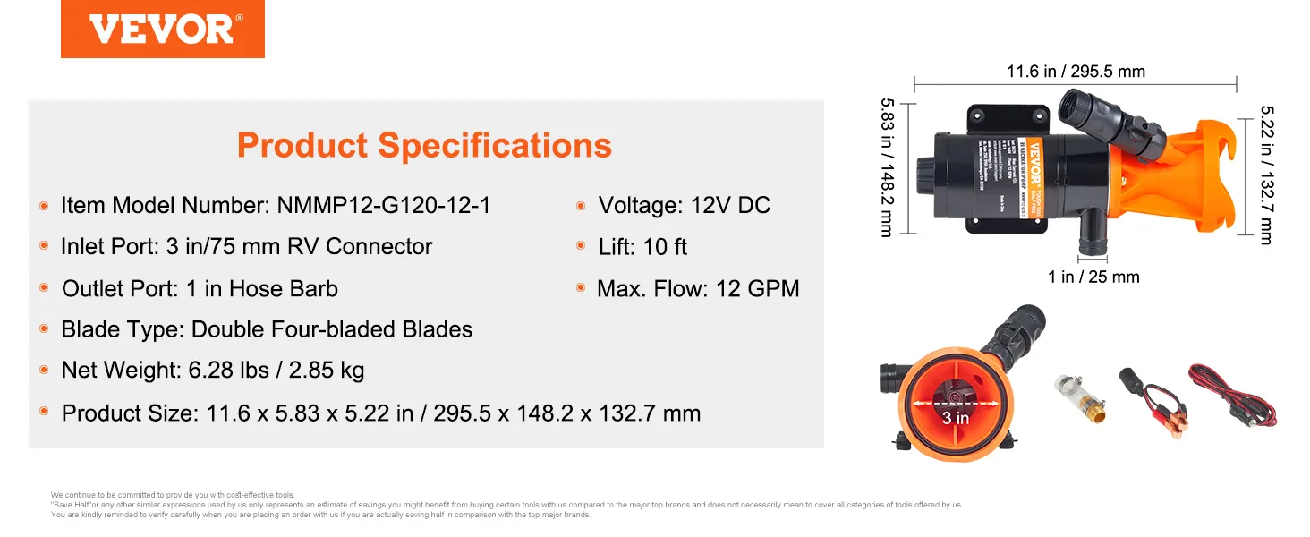 VEVOR rv macerator pump specifications with dimensions, weight, voltage, and flow rate displayed.