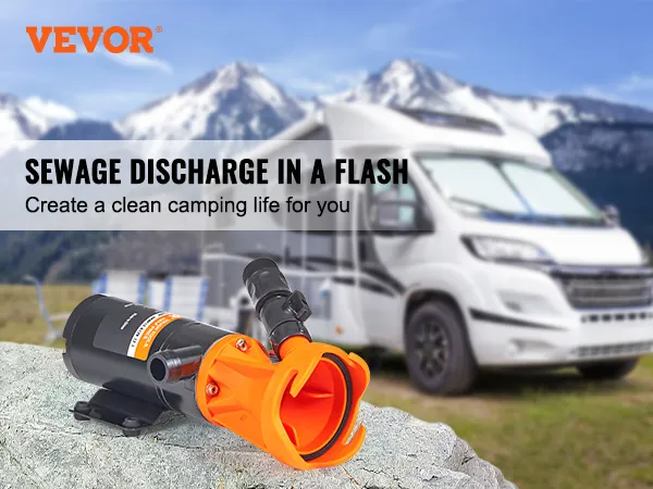 VEVOR rv macerator pump next to an rv in a scenic mountainous camping area.
