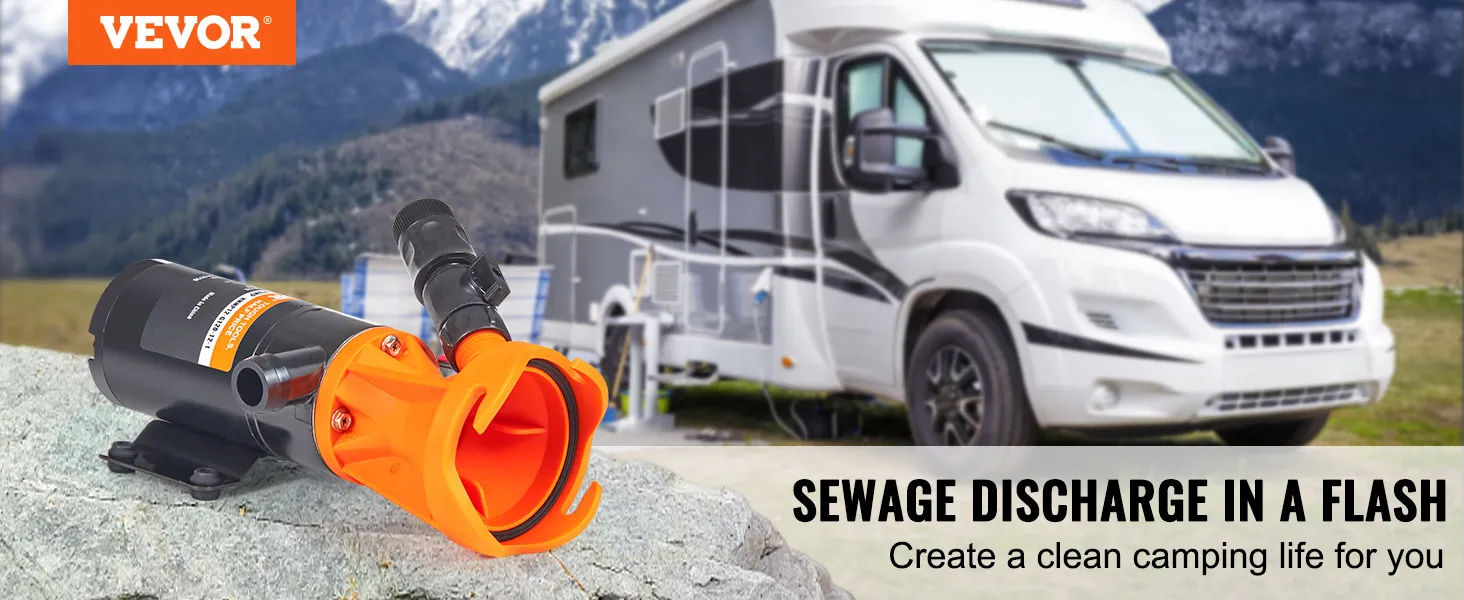 VEVOR rv macerator pump next to an rv in a scenic mountainous camping area.