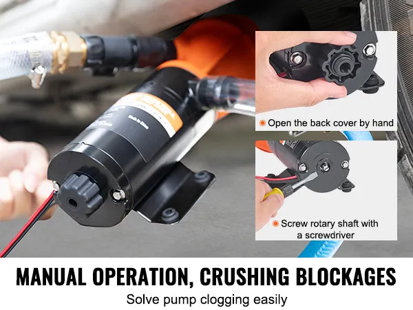 manual operation steps for unblocking a VEVOR rv macerator pump using hand and screwdriver.