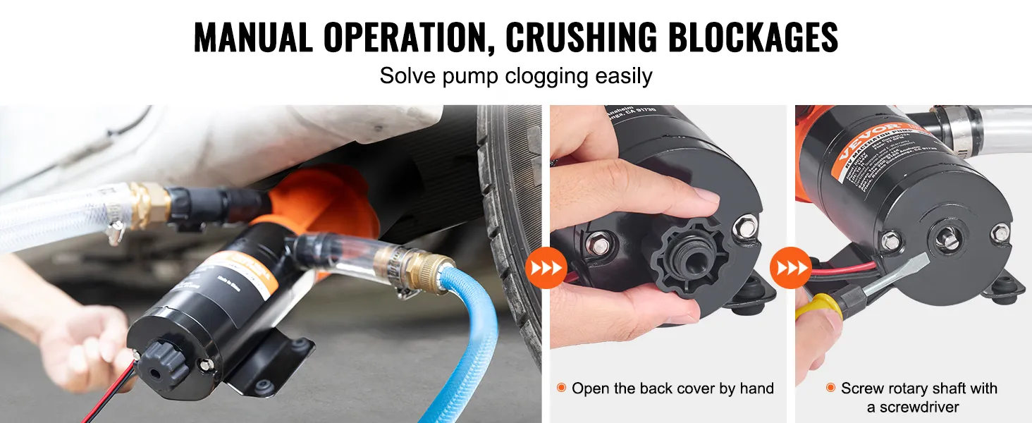 manual operation steps for unblocking a VEVOR rv macerator pump using hand and screwdriver.